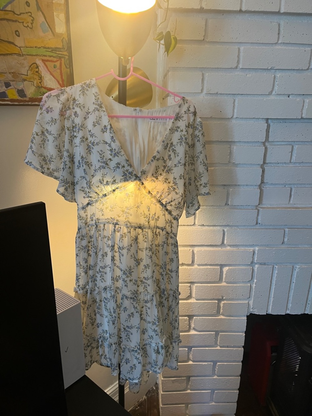 Floral V-Neck Short Sleeve Mini Dress - Light Cream with Sage Green Print